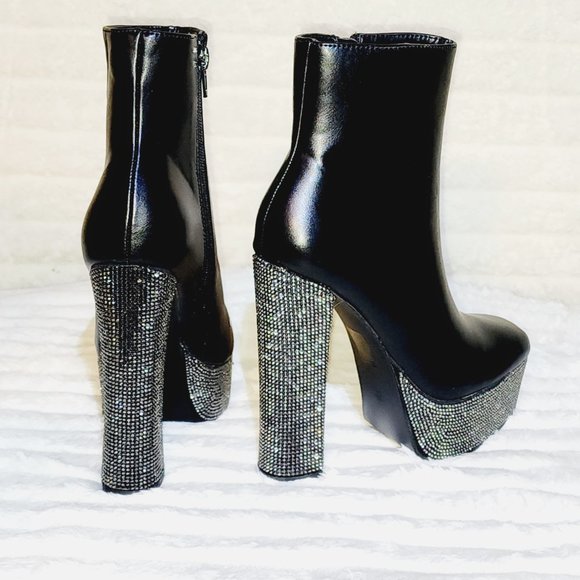 Nikki Black Leatherette Rhinestone Platform Chunky Heel Ankle Boots - Picture 15 of 17